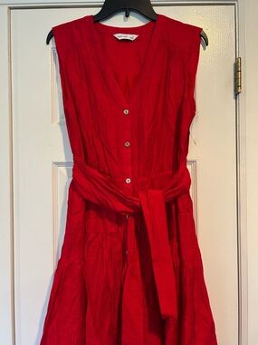 Nine West Vibrant Red Sleeveless Midi Dress with Waist Tie